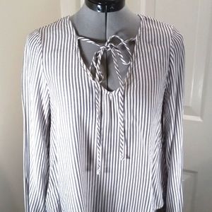 Women's Sz XS Blue/white stripped, bell sleeves,keyhole front tie